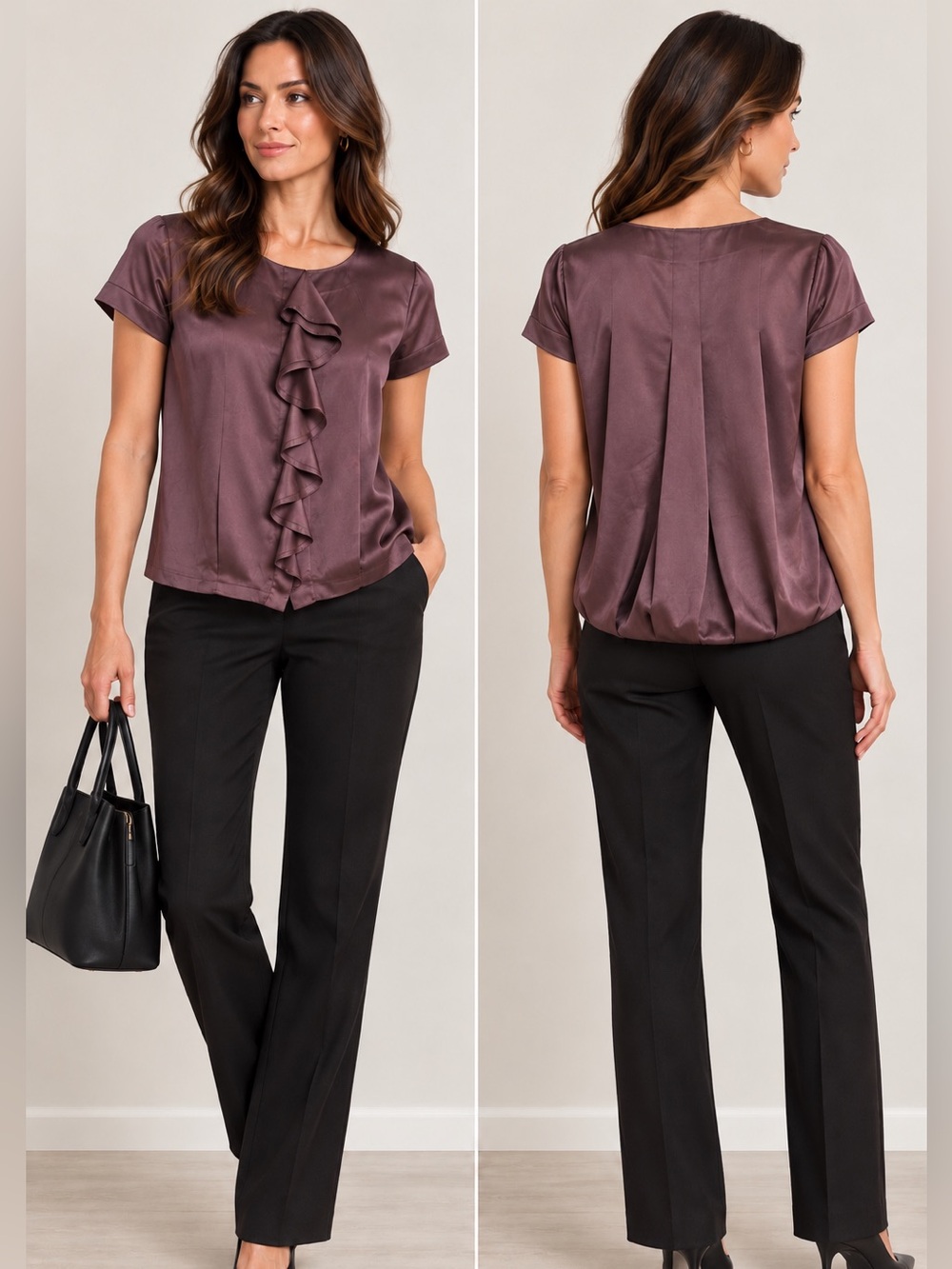 BCBG Max Azria Blouse Size Small – Ruffle Front, Short Sleeve, Satin Finish